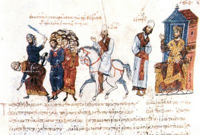 image of Theophilos Punishes the Assassins...for the murder of God’s annointed (the Emperor Leo) and for committing the crime in such a holy place.